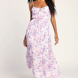 Lulu's Total Darling Pink Multi Floral Print Notched Bustier Maxi Dress